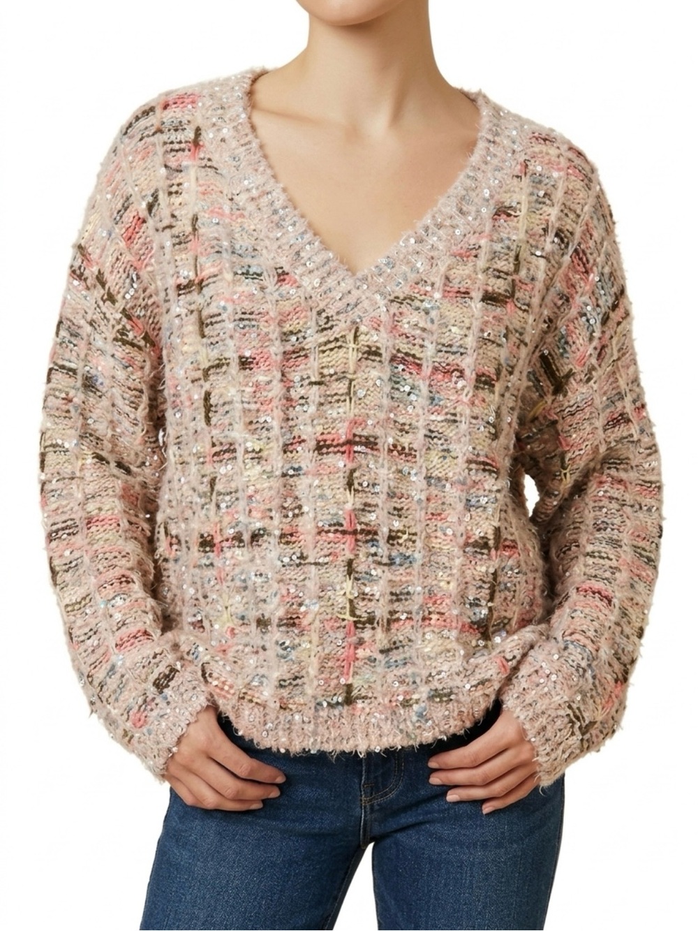 Altar'd State Sequin Eyelash Confetti V-Neck Sweater Pink Multi NWT M
